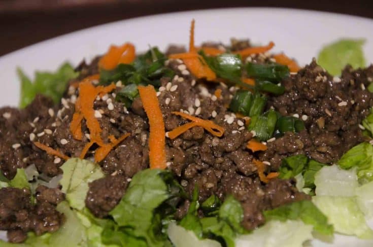 Korean beef with sesame seeds, carrots, and green onions, on a bed of lettuce