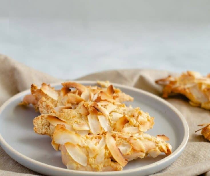 keto baked coconut chicken tenders on a plate