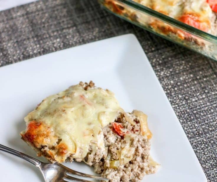 serving of low carb Philly cheesesteak casserole on a white plate